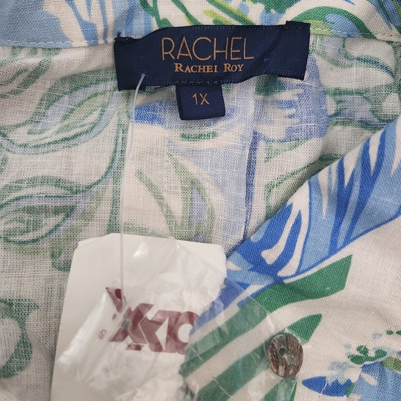 RACHEL ROY Linen Blend Lightweight Button Down Shirt Tropical Leaf Print 1X NWT - Picture 2 of 10